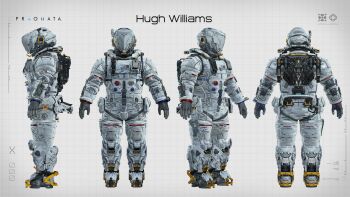 1boy 3d artist_request character_name commentary_request copyright_name facing_away full_body gloves grey_gloves helmet highres hugh_williams multiple_views official_art photorealistic pragmata profile realistic reference_sheet spacesuit straight-on