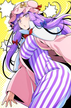 Rule 34 | 1girl, blue bow, bow, bowtie, breasts, capelet, commentary request, crescent, crescent hat ornament, dress, eichi yuu, hair bow, hat, hat ornament, large breasts, long hair, long sleeves, looking at viewer, mob cap, patchouli knowledge, pink hat, purple dress, purple eyes, purple hair, red bow, red bowtie, solo, striped clothes, striped dress, touhou, vertical-striped clothes, vertical-striped dress, white capelet, wide sleeves