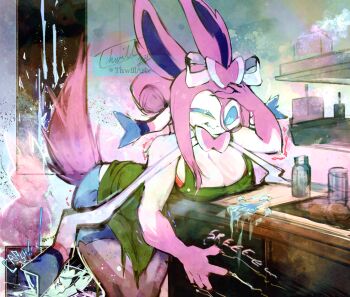 1girl animal_ears animal_nose apron arm_up artist_name bags_under_eyes bare_shoulders bent_over blue_sclera blue_shorts body_fur bottle bow bowtie breaking breasts broken_glass claw_mark claws clenched_teeth closed_mouth colored_sclera dated dripping dual_persona female_focus fishnet_pantyhose fishnets furry furry_female gen_6_pokemon glass green_apron hair_between_eyes hair_bow hair_bun hair_ribbon half-closed_eye hand_on_own_head heart heart-shaped_pupils highres large_breasts leaning_forward legs_together liquid long_hair loose_hair_strand mismatched_pupils neck_ribbon nintendo pantyhose personification pink_bow pink_bowtie pink_fur pink_hair pink_thighhighs pokemon pokemon_(creature) potion red_shirt ribbon scratching shirt short_shorts shorts side_slit side_slit_shorts sidelocks signature silhouette single_hair_bun sleeveless sleeveless_shirt solo spill stiff_tail sylveon symbol-shaped_pupils teeth thighhighs thwillartz twitter_username two-tone_fur uneven_eyes vince_(thwillartz) white_eyes white_fur white_ribbon