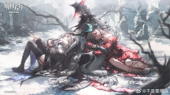 3girls aqua_hat arknights ascot black_ascot black_boots black_coif black_thighhighs boots branch capelet clothing_cutout commentary_request detached_sleeves dress frills garter_straps gladiia_(arknights) gloves grey_capelet grey_hair hat highres jewelry kyikyi leg_ribbon long_hair looking_back multiple_girls navel_cutout necklace nun official_art outdoors pointy_ears profile red_dress red_eyes ribbon sitting skadi_(arknights) skadi_the_corrupting_heart_(arknights) specter_(arknights) thighhighs tricorne turtleneck very_long_hair watermark weibo_watermark yokozuwari