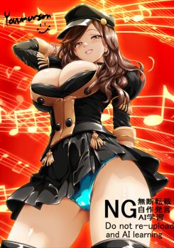 1girl bracelet breasts brown_hair cleavage dorothea_arnault fire_emblem fire_emblem:_three_houses garreg_mach_monastery_uniform green_eyes hat jewelry large_breasts lipstick long_hair looking_at_viewer makeup nintendo panties skirt smile solo underwear