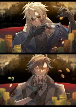 Rule 34 | 2boys, azitsukeniku, azure siegfried (sen no kiseki), black gloves, black hair, card, coat, commentary, double-parted bangs, eiyuu densetsu, english commentary, eye mask, gloves, hair between eyes, highres, holding, holding card, male focus, mask, multiple boys, parted bangs, playing card, poker chip, rean schwarzer, sen no kiseki, sen no kiseki (series), sen no kiseki iii, white hair, wing collar