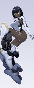 Rule 34 | 1girl, black hair, breasts, clothing cutout, collared leotard, dark-skinned female, dark skin, full body, highres, leg tattoo, leotard, looking at viewer, mechanical legs, medium hair, mikan lemon, original, side cutout, sleeved leotard, solo, tattoo, white leotard, yellow eyes