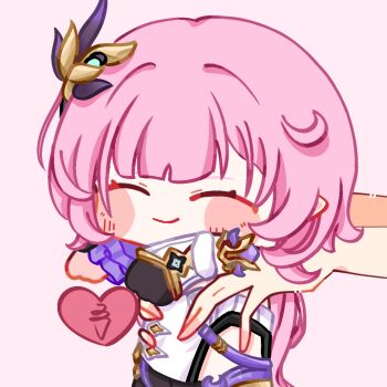 1girl 1other black_gloves black_shorts blush_stickers chinese_commentary commentary_request corset elf elysia_(honkai_impact) elysia_(miss_pink_elf)_(honkai_impact) gloves hair_ornament heart holding_chibi honkai_(series) honkai_impact_3rd ling280945 long_hair pink_hair pointy_ears shorts simple_background single_glove smile very_long_hair white_corset