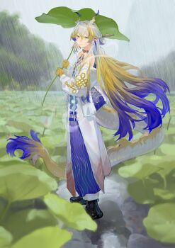 1girl absurdres arknights black_shoes blonde_hair blue_eyes blue_hair chinese_commentary colored_extremities commentary_request day dragon_girl dragon_horns dragon_tail eastern_dragon_horns eastern_dragon_tail full_body gradient_hair grey_hair hair_between_eyes highres holding holding_leaf horns leaf long_hair looking_at_viewer lotus_leaf multicolored_hair outdoors pointy_ears rain shi-fan_jin-jian shoes shu_(arknights) solo tail very_long_hair yellow_hands