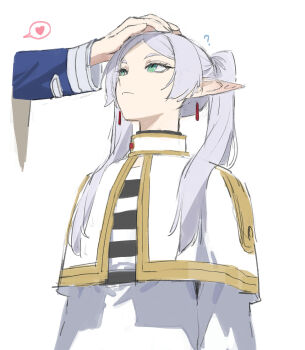 1boy 1girl ? absurdres closed_mouth commentary earrings elf english_commentary expressionless frieren green_eyes headpat heart highres himmel_(sousou_no_frieren) jewelry long_hair long_sleeves looking_up meme pointy_ears rhine_(overtonerhine) short_eyebrows simple_background solo_focus sousou_no_frieren teardrop_earrings twintails upward_angle_frieren_drawing_(meme) white_background white_hair