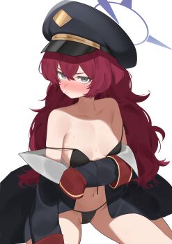 1girl armpit_crease bare_shoulders bikini black_bikini black_coat black_hat blue_archive blush breasts coat double_strap_slip flasso grey_eyes hair_between_eyes halo hat highres iroha_(blue_archive) loli long_hair navel off_shoulder peaked_cap purple_halo red_eyes simple_background sitting small_breasts solo swimsuit wariza white_background
