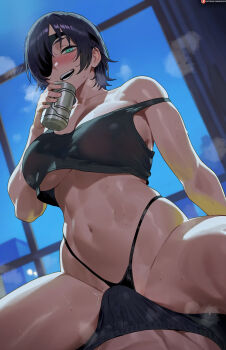 1girl ai-assisted aqua_eyes bare_shoulders black_hair black_male_underwear black_panties breasts bulge can chainsaw_man commentary crop_top erection erection_under_clothes eyepatch girl_on_top highres himeno_(chainsaw_man) holding holding_can indoors large_breasts looking_at_viewer male_underwear navel night off_shoulder open_mouth panties patreon_logo patreon_username shexyo sky smile solo_focus stomach sweat teeth thighs underwear window