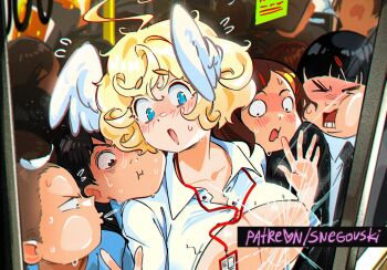 &gt;_&lt; 2boys 3girls :i against_glass age_difference ahoge artist_name black_hair blonde_hair blue_eyes blush blush_stickers breast_press breasts breasts_on_glass brown_eyes brown_hair collared_shirt crack cracked_glass crowded curly_hair dot_nose embarrassed feathers flying_sweatdrops from_outside gabi_(snegovski) hair_ornament hairclip head_wings highres indoors large_breasts lower_teeth_only multiple_boys multiple_girls open_clothes open_mouth open_shirt original patreon_username pink_pupils shirt short_hair snegovski sweat teeth white_shirt white_wings window wings