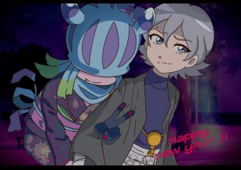 absurdres bandaged_arm bandages blue_eyes couple dan_de_lion digimon digimon_(creature) digimon_ghost_game happy_new_year higashimitarai_kiyoshiro highres japanese_clothes jellyfish_girl kimono looking_at_viewer monster_girl new_year short_hair tentacle_hair tentacles teslajellymon v white_hair
