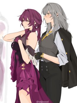 Rule 34 | 2girls, bare shoulders, black gloves, black jacket, blush, commentary, dress, english commentary, from side, gloves, grey hair, highres, honkai: star rail, honkai (series), jacket, jacket on shoulders, kafka (honkai: star rail), long hair, looking at another, multiple girls, neckerchief, purple dress, purple eyes, purple gloves, purple hair, seijousai, sleeves rolled up, stelle (honkai: star rail), sweat, trailblazer (honkai: star rail), twitter username, white background, yellow eyes, yellow neckerchief, yuri, zipping