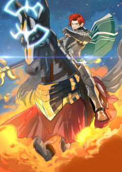1boy 1other aqua_tunic fire_emblem fire_emblem:_three_houses highres horseback_riding ing0123 lance_of_ruin looking_at_viewer nintendo open_mouth orange_hair riding sylvain_jose_gautier tunic