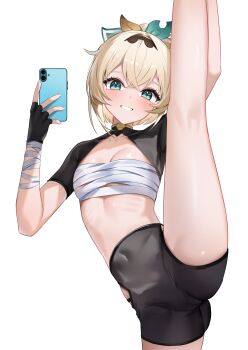 1girl absurdres aqua_eyes bike_shorts black_gloves black_hairband black_shorts black_shrug blonde_hair blush breasts cameltoe chest_sarashi clothing_cutout covered_navel fingerless_gloves gloves grin hairband high-waist_shorts highres holding holding_own_leg holding_phone hololive kazama_iroha kazama_iroha_(1st_costume) leg_up looking_at_viewer phone sarashi short_shorts shorts shrug_(clothing) shuvi_(shuvi1125) side_cutout simple_background small_breasts smile solo split standing standing_on_one_leg standing_split virtual_youtuber white_background