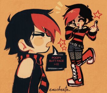 1girl ^_^ ahoge belt black_belt black_hair black_nails black_shorts blush_stickers closed_eyes commentary emo_fashion emocheeto english_commentary english_text fishnet_pantyhose fishnets from_side full_body highres jewelry knives_chau long_sleeves middle_finger multiple_views necklace notice_lines off-shoulder_shirt off_shoulder open_mouth orange_background pantyhose profile red_shoes scarf scott_pilgrim_(series) scott_pilgrim_takes_off shirt shoes shorts simple_background smile sneakers socks speech_bubble standing standing_on_one_leg star_(symbol) star_necklace striped_clothes striped_scarf striped_shirt striped_socks thick_lineart