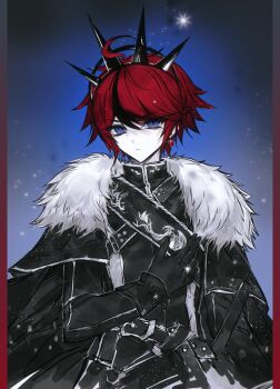 1boy absurdres ahoge alternate_costume belt black_belt black_cape black_gloves black_hair black_jacket blue_background blue_eyes cape chinese_commentary closed_mouth colored_skin commentary_request crown earrings expressionless fur-trimmed_cape fur_trim gloves hair_between_eyes hand_up heart heart_earrings highres jacket jewelry light_particles looking_at_viewer male_focus multicolored_hair red_hair short_hair slice_(xhs_2272753733) solo streaked_hair sumino_takumi the_hundred_line_-last_defense_academy- tsurime two-tone_hair upper_body variant_set white_skin
