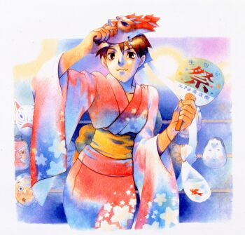 Rule 34 | 1girl, bag, bagged fish, bengus, brown eyes, brown hair, fish, game cg, hand fan, headband, highres, japanese clothes, kasugano sakura, kimono, looking at viewer, mask, non-web source, obi, official art, paper fan, sash, street fighter, street fighter zero (series), uchiwa, white headband