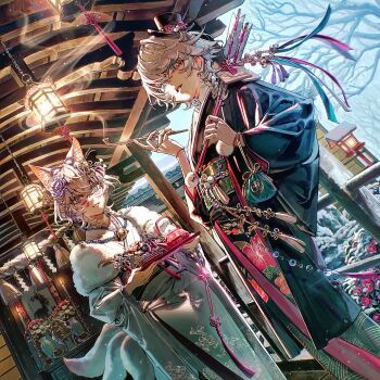 2girls 9lana :3 absurdres animal_ear_fluff animal_ears architecture bell black_hat black_kimono braid commentary_request crossed_bangs denn_(naluse_flow) doll doll_joints east_asian_architecture facial_mark fox_ears fox_girl hair_bell hair_between_eyes hair_ornament hands_up happy_new_year hat highres holding holding_smoking_pipe holding_tray indie_utaite japanese_clothes joints kanzashi kimono lantern long_sleeves looking_at_viewer medium_hair multiple_girls multiple_tails new_year official_art outdoors purple_eyes purple_nails railing smoking_pipe snow tail tray utaite white_hair wide_sleeves wooden_railing