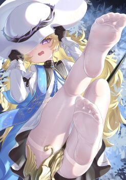 1girl absurdres black_bow black_collar black_gloves blonde_hair blue_sash bow collar embarrassed feet gloves hand_on_own_hat hat highres legs_up long_hair looking_at_viewer no_shoes open_mouth pantyhose phoebe_(wuthering_waves) purple_eyes sash skirt soles staff striped_bow toes white_hat white_pantyhose white_skirt wuthering_waves yyfuu