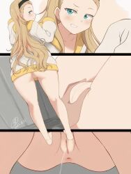 1boy 1girl 9rimson animated anus ass barefoot blonde_hair blue_eyes cleft_of_venus female_focus handjob happy_sex hood kurumi_(lycoris_recoil) leg_up loli long_hair looking_at_viewer looking_back lycoris_recoil masturbation pee pee_stain peeing peeing_self penis pussy pussy_squeeze sleevejob smile squeezing standing tagme uncensored video