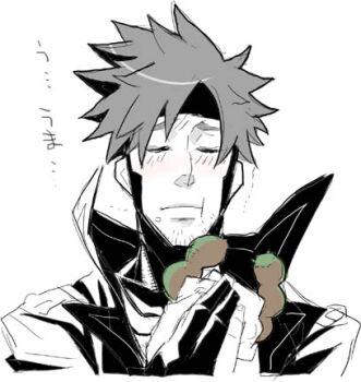 bantrain blush closed_eyes coat eating facial_hair food gambit headband lowres male_focus marvel short_hair sketch stubble togatsuko trench_coat x-men