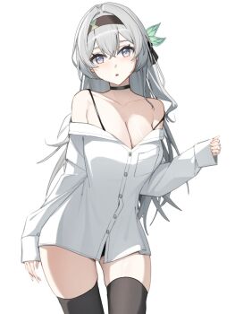 1girl alphaart bare_shoulders black_bow black_choker black_hairband black_panties black_thighhighs blue_eyes bow breasts choker cleavage collarbone commentary english_commentary firefly_(honkai:_star_rail) grey_hair hair_between_eyes hair_bow hairband hand_up highres honkai:_star_rail honkai_(series) large_breasts long_hair long_sleeves looking_at_viewer no_pants off_shoulder panties parted_lips shirt simple_background solo strap_slip thighhighs thighs underwear white_background white_shirt