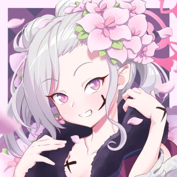 1girl :d argyle_background blue_archive blurry blush border collarbone commentary depth_of_field double_bun english_commentary falling_petals floating_hair flower forehead fur-trimmed_kimono fur_trim grey_hair grin hair_bun hair_flower hair_ornament halo hands_up happy highres ink_on_face japanese_clothes kimono leaf_hair_ornament long_hair long_sleeves looking_at_viewer mutsuki_(blue_archive) mutsuki_(new_year)_(blue_archive) official_alternate_costume official_alternate_hairstyle open_mouth outside_border petals pink_flower pink_halo pointy_ears portrait purple_background purple_eyes simple_background smile solo tea_ramisu v-shaped_eyebrows white_border white_kimono wide_sleeves