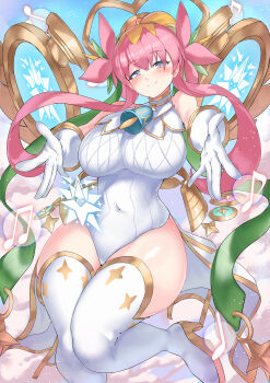 Rule 34 | 1girl, absurdres, beamed eighth notes, blonde hair, blue eyes, boots, breasts, closed mouth, commentary request, covered navel, duel masters, eighth note, flower, gloves, gold trim, green hair ornament, hair flower, hair ornament, higemoti, highres, large breasts, leotard, long hair, looking at viewer, magic circle, multicolored eyes, multicolored hair, musical note, pink eyes, pink hair, quarter note, rafululu love (duel masters), reaching, reaching towards viewer, sidelocks, solo, thigh boots, white boots, white gloves, white leotard