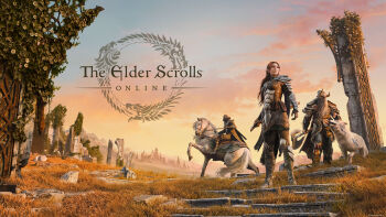 1girl 2boys absurdres armor brown_hair copyright_logo copyright_name day english_text grass highres horse horseback_riding leaf logo long_hair multiple_boys official_art outdoors riding ruins the_elder_scrolls the_elder_scrolls_online wolf
