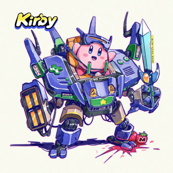artist_name assault_visor blue_eyes blush blush_stickers character_name chromatic_aberration copyright_name dated english_text eyewear_on_head full_body game_boy_advance game_boy_advance_(original) gem handheld_game_console happy highres holding holding_sword holding_weapon iwse_zhang kirby kirby_(series) logo looking_at_viewer maxim_tomato mecha mecha_focus mechanization nintendo no_humans open_mouth orange-tinted_eyewear orange_gemstone outline pink_outline robot signature simple_background smile solo splatter star_(symbol) sword sword_kirby tinted_eyewear tomato weapon white_background