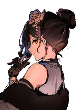 1girl absurdres bare_shoulders black_hair black_kimono carternanmen gloves hair_bun hair_ornament highres hololive hololive_english japanese_clothes kimono lace lace-trimmed_gloves lace_gloves lace_trim looking_at_viewer looking_to_the_side multicolored_hair orange_hair shiori_novella shiori_novella_(new_year) short_hair simple_background sketch smile solo two-tone_hair virtual_youtuber white_background white_hair