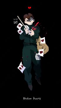 Rule 34 | 1boy, black background, broken heart, brown hair, clenched teeth, commentary request, english text, full body, green eyes, green jacket, green pants, grey shoes, heart, heterochromia, highres, holding, holding paper, jacket, looking at viewer, male focus, midair, own hands together, pants, paper, partial commentary, pompadour, red eyes, rokudenashi blues, ruchi (nxje5533), school uniform, shoes, short hair, simple background, solo, sweat, teeth, very short hair, weapon, weapon on back, wide-eyed, yakushiji (rokudenashi blues)