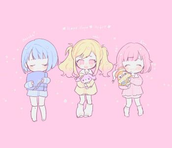 3girls april_fools blonde_hair blue_hair blush character_name chibi chibi_only closed_eyes commentary_request full_body gradient_hair grin hair_ornament hairclip highres holding holding_stuffed_toy hugging_object kiritani_haruka kyu-kurarin_(cevio) leg_warmers long_sleeves multicolored_hair multiple_girls ootori_emu open_mouth pajamas pillow pillow_hug pink_background pink_eyes pink_hair poppu_usagi project_sekai short_hair shorts smile socks stuffed_animal stuffed_penguin stuffed_rabbit stuffed_toy tenma_saki twintails