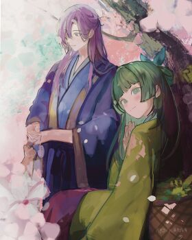 1boy 1girl basket blue_ribbon blue_robe blush bun_cover cat chinese_clothes commentary english_commentary falling_petals flower green_eyes green_hair green_shirt hair_between_eyes hair_bun half_updo highres jinshi_(kusuriya_no_hitorigoto) kusuriya_no_hitorigoto kyoukaraa light_smile looking_at_viewer maomao_(kusuriya_no_hitorigoto) parted_bangs petals pink_eyes pink_flower pink_petals purple_hair red_skirt ribbon robe shirt skirt wide_sleeves