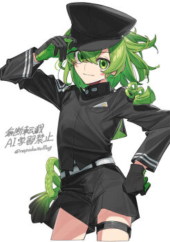 1girl adjusting_clothes adjusting_headwear akagiasami belt black_hat black_shirt black_shorts closed_mouth commentary cropped_legs green_eyes green_hair hand_on_own_hip hat highres long_sleeves looking_at_viewer original peaked_cap shirt shorts simple_background solo symbol-only_commentary thigh_strap twitter_username two-sided_gloves white_background
