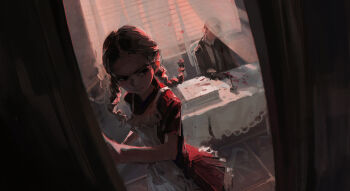 1girl black_eyes black_gloves blood corpse curtains dino_(dinoartforame) dutch_angle formal_clothes from_outside gloves gun highres holding holding_gun holding_weapon indoors long_hair maid necktie opening_door original paper_stack sitting standing suit tablecloth twintails weapon window