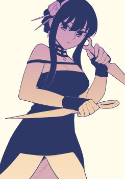 1girl black_choker breasts choker cleavage commentary_request cowboy_shot dagger dress dual_wielding hairband high-low_dress highres holding knife large_breasts limited_palette reverse_grip serious sidelocks solo spy_x_family stiletto_(weapon) ukokkei weapon yor_briar