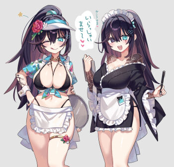 2girls :q apron bikini black_bikini black_kimono blush breasts closed_mouth commentary_request cowboy_shot dual_persona frilled_kimono frilled_sleeves frills genderswap genderswap_(mtf) gold_thighlet heart high_ponytail highres holding holding_pen hong_lu_(project_moon) japanese_clothes jewelry kimono kurokumo_clan_(identity)_(project_moon) large_breasts limbus_company maid maid_headdress multiple_girls one_eye_closed open_mouth pen ponytail project_moon shiki_(shikki46) short_kimono skindentation smile speech_bubble swimsuit thighlet tingtang_gang_(identity)_(project_moon) tongue tongue_out translated visor_cap wa_maid waist_apron white_apron wide_sleeves
