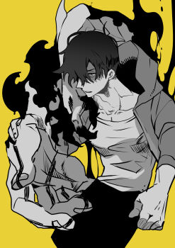 1other black_hair black_pants fire giant_hand hair_between_eyes hand_on_another's_arm hand_on_another's_hand highres hiyomon hood jacket looking_at_viewer monochrome open_clothes open_jacket pants shaded_face shirt short_hair simple_background solo_leveling spot_color summoning sung_jin-woo white_eyes yellow_background