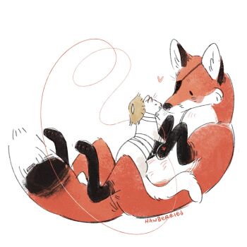 alt_text animal animalization bandaged_arm bandaged_neck bandaged_torso bandages black_eyes closed_eyes commentary couple ears_up english_commentary eyepatch ferret fluffy fox full_body hands_on_another's_hands hat hawberries heart highres hua_cheng looking_at_another lying no_humans on_back red_fur rice_hat signature simple_background smile spoken_heart standing_on_another's_legs string string_around_finger string_of_fate tianguan_cifu white_background white_fur xie_lian