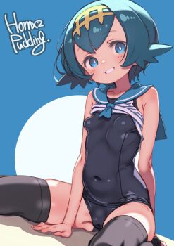 1girl artist_name black_thighhighs blue_eyes blue_hair blue_sailor_collar breasts bright_pupils commentary_request covered_navel hairband highres lana_(pokemon) looking_at_viewer nintendo one-piece_swimsuit paid_reward_available pokemon pokemon_sm puddinghomhom sailor_collar school_swimsuit short_hair sitting small_breasts smile solo swimsuit swimsuit_under_clothes thighhighs