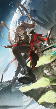 Rule 34 | 1girl, absurdres, angelina (arknights), animal ear fluff, animal ears, arknights, arknights: endfield, black boots, black dress, black gloves, black thighhighs, boots, bracelet, breasts, brown hair, coat, dress, elbow gloves, expressionless, film grain, floating hair, fold-over boots, fox ears, fox girl, fox tail, full body, gilberta (arknights), gloves, grass, hashtag-only commentary, headpiece, heavy film grain, high collar, highres, impossible clothes, impossible dress, in orbit, infection monitor (arknights), jewelry, kyoro ina, long hair, long sleeves, looking at viewer, medium breasts, off shoulder, one eye closed, open clothes, open coat, orange eyes, originium arts (arknights), planet, red coat, shoe soles, short dress, simple background, sitting, sleeveless, sleeveless dress, solo, solo focus, staff riding, tail, thighhighs, twintails, v