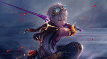 Rule 34 | 1boy, bare shoulders, bennett (genshin impact), cloud, cloudy sky, commentary, festering desire (genshin impact), genshin impact, goggles, goggles on head, goggles on headwear, highres, holding, holding weapon, male focus, outdoors, rain, revision, short hair, shorts, sky, solo, sword, tutu29582153, vision (genshin impact), weapon, white hair, yellow eyes