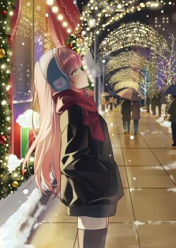 1girl absurdres black_sweater breath character_print christmas_lights commentary cowboy_shot dress earmuffs from_side green_eyes grey_thighhighs hanako_nana hand_in_pocket highres korean_commentary long_hair long_sleeves night outdoors people peto_(hanako_nana) pink_hair profile red_scarf scarf snow snowing solo_focus standing stellive straight_hair sweater sweater_dress thighhighs tiles tsuyu_(yzxx7825) umbrella urban virtual_youtuber winter zettai_ryouiki