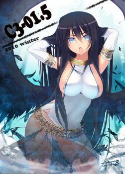 Rule 34 | 10s, 1girl, 2010, :o, adjusting hair, angel wings, armlet, arms up, artistic error, bad anatomy, belt, black hair, blue eyes, breasts, chain, coffee cat, contrapposto, dress, elbow gloves, feathers, female focus, flower, gloves, groin, impossible clothes, impossible dress, jewelry, large breasts, leaning, long hair, mabinogi, morrighan, necklace, no bra, no panties, open mouth, sideboob, solo, standing, thighs, very long hair, wings