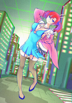 1girl absurdres bare_shoulders black_thighhighs blue_camisole blue_eyes breasts camisole cleavage collarbone commentary_request digimon digimon_story:_cyber_sleuth double_v full_body fuuuu garter_straps high_heels highres jacket off_shoulder pink_jacket red_hair shiramine_nokia smile solo thighhighs twintails v