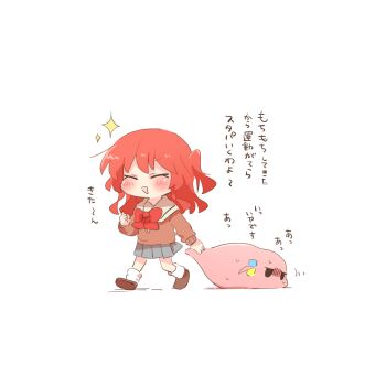 1girl :d ^_^ blush bocchi_the_rock! bow bowtie brown_shoes brown_sweater chibi chibi_only closed_eyes commentary_request cube_hair_ornament dragging full_body gotoh_hitori gotoh_hitori_(tsuchinoko) grey_skirt hair_ornament kita_ikuyo long_hair long_sleeves one_side_up open_mouth pleated_skirt rebecca_(keinelove) red_bow red_bowtie red_hair sailor_collar school_uniform shoes shuka_high_school_uniform simple_background skirt smile socks sparkle standing sweat sweater translation_request white_background white_sailor_collar white_socks