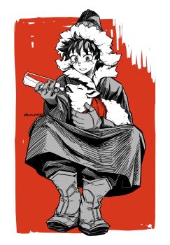 Rule 34 | 1boy, animal, baby animal, baby bottle, boku no hero academia, boku no hero academia 7th popularity poll, border, bottle, coat, feeding animal, full body, highres, holding, holding animal, holding bottle, hood, hood up, invisible chair, male focus, midoriya izuku, red background, sheep, sitting, twitter username, white border, yeol2510