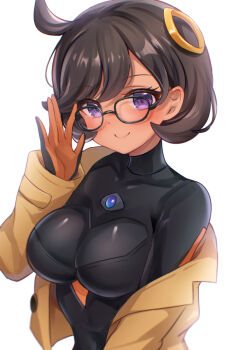 1girl bespectacled black-framed_eyewear black_bodysuit black_gloves bodysuit breasts brown_hair coat commentary_request emma_(pokemon) glasses gloves hair_ornament large_breasts looking_at_viewer nikoo nintendo orange_gloves pokemon pokemon_legends:_z-a purple_eyes short_hair simple_background smile solo two-tone_gloves upper_body white_background yellow_coat