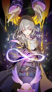 Rule 34 | 2girls, absurdres, black coat, black gloves, black skirt, coat, commentary request, cyrene (philia093) (honkai: star rail), cyrene (honkai: star rail), gloves, grey hair, half-closed eyes, highres, holding, holding quill, honkai: star rail, honkai (series), infinity symbol, jelmul, korean commentary, liquid gold, medium hair, mem (honkai: star rail), multiple girls, parted lips, pink fur, purple coat, quill, shirt, skirt, stelle (honkai: star rail), trailblazer (honkai: star rail), white shirt, yellow eyes