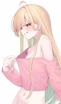 1girl absurdres blonde_hair blush breasts cho_kaguya-hime! clenched_teeth clothes_pull commentary cowboy_shot hair_behind_ear highres kaguya_(cho_kaguya-hime!) kuronekootuta long_hair long_sleeves medium_breasts navel no_bra no_panties pink_shirt shirt shirt_pull simple_background solo teeth white_background